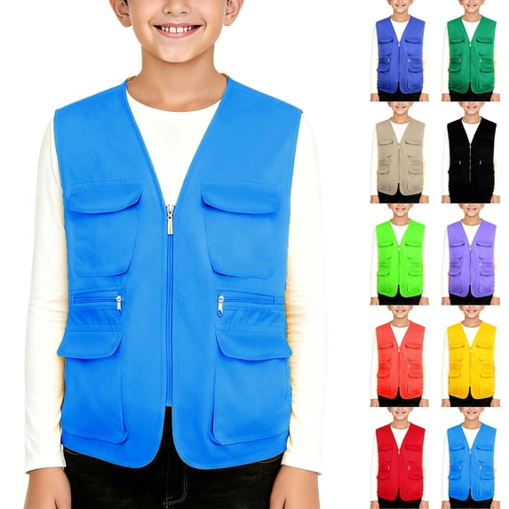Husipze Kids Cargo Vest Sleeveless Pocket Front Full Zip Outdoor Sport Outerwear V-neck Breathable Lightweight Utility Jacket Sky Blue 5-6 Years