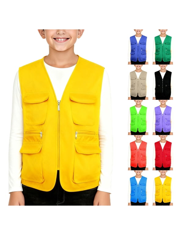Kids Cargo Vest Sleeveless Pocket Front Full Zip Outdoor Sport Outerwear V-neck Breathable Lightweight Utility Jacket Yellow 7-8 Years