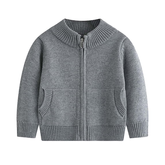 Husipze Kids Full Zip Knit Cardigan Sweater Solid Long Sleeve Zipper Soft Knitted Stand Collar Jacket with Pockets Gray 3 Years