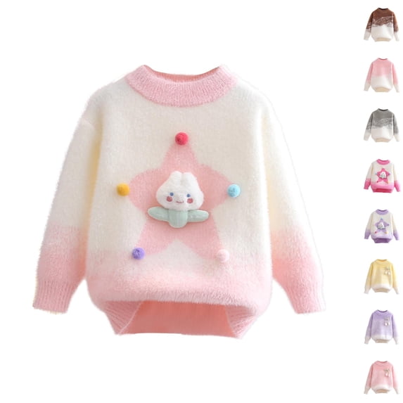 Husipze Kids Gradient Fuzzy Sweater Soft Long Sleeve Cozy Knit Mock Neck Pullover Warm Casual Fall Winter Jumper Top with Cute Decor Pink 9 Years