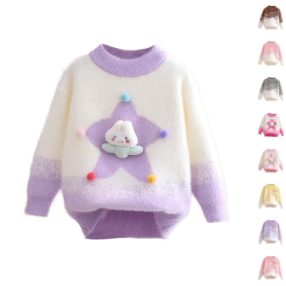 Husipze Kids Gradient Fuzzy Sweater Soft Long Sleeve Cozy Knit Mock Neck Pullover Warm Casual Fall Winter Jumper Top with Cute Decor Purple 3 Years