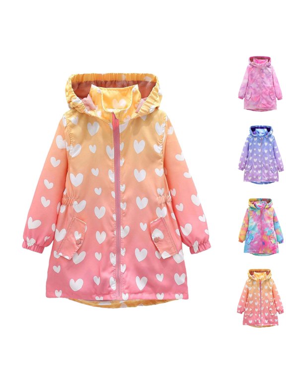 Kids Hooded Gradient Mid-long Cute Heart Printed Coat Fleece Lined Full Zip Windproof Jacket Warm Outerwear for Fall Winter Yellow 10 Years