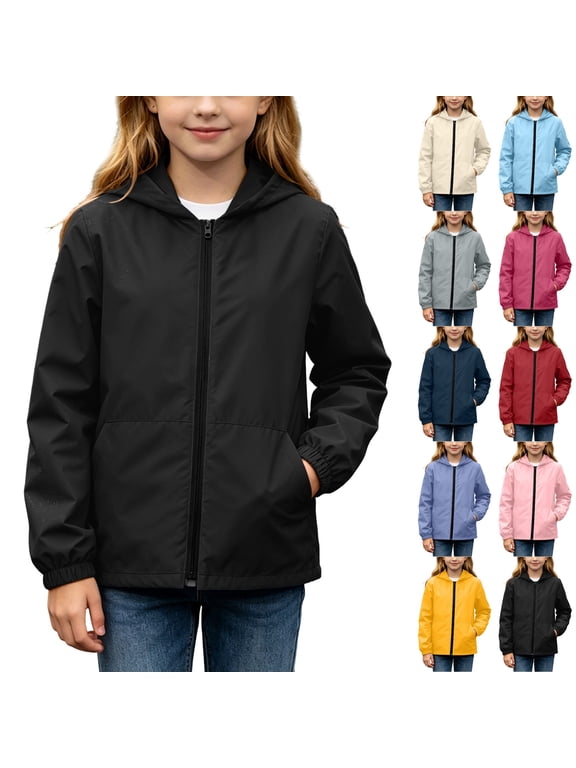 Kids Hooded Rain Jacket Waterproof Windproof Full Zip Up Rain Shell Lightweight Active Outerwear with Pockets Black 7 Years