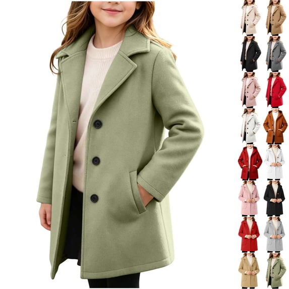 Husipze Kids Mid Length Collar Trench Coat Single Breasted Wool Blend Peacoat Lapel Collar Warm Overcoat Classic Winter Coat Green 14-15 Years