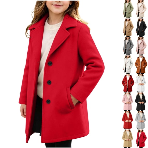 Husipze Kids Mid Length Collar Trench Coat Single Breasted Wool Blend Peacoat Lapel Collar Warm Overcoat Classic Winter Coat Red 10-11 Years