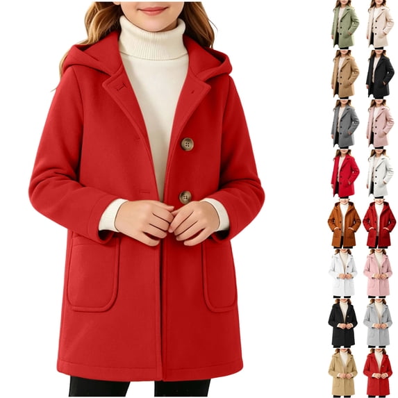 Husipze Kids Mid Length Collar Trench Coat Single Breasted Wool Blend Peacoat Lapel Collar Warm Overcoat Classic Winter Coat Red 10-11 Years