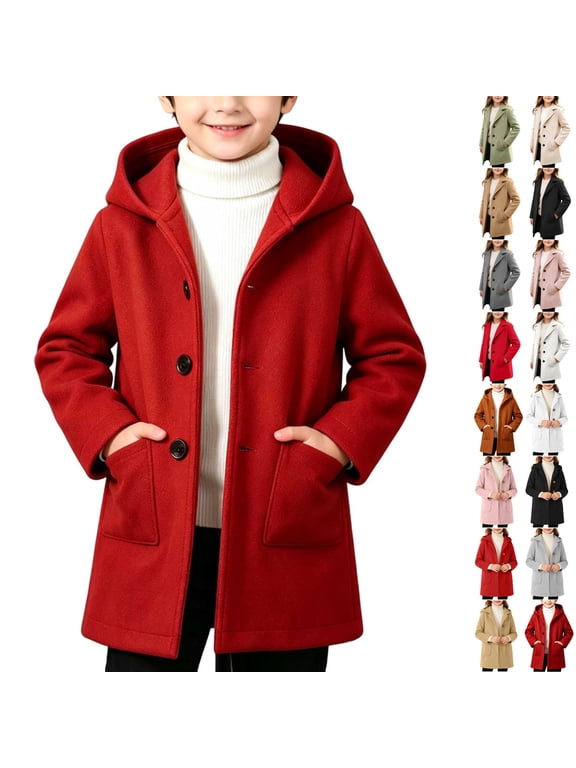 Kids Mid Length Trench Coat Single Breasted Wool Blend Peacoat Hooded Warm Overcoat Classic Winter Coat Red 3-4 Years