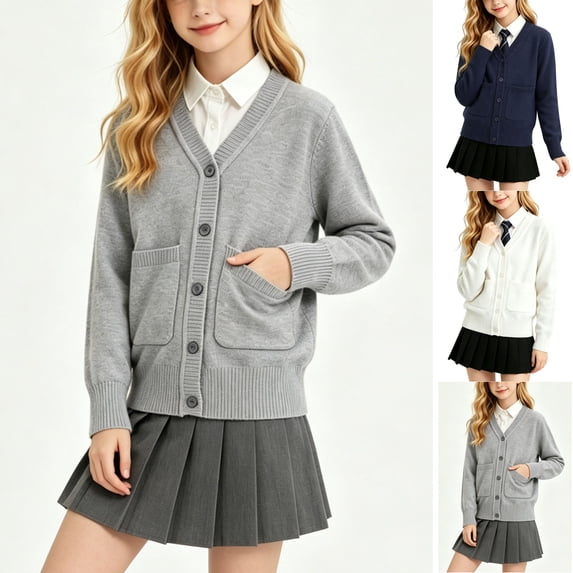 Husipze Kids Preppy Cardigan Sweater School Uniform V-neck Pockets Long Sleeve Button Open Front Knit Tops Fall Winter Outfit with Pockets Gray 11-12 Years