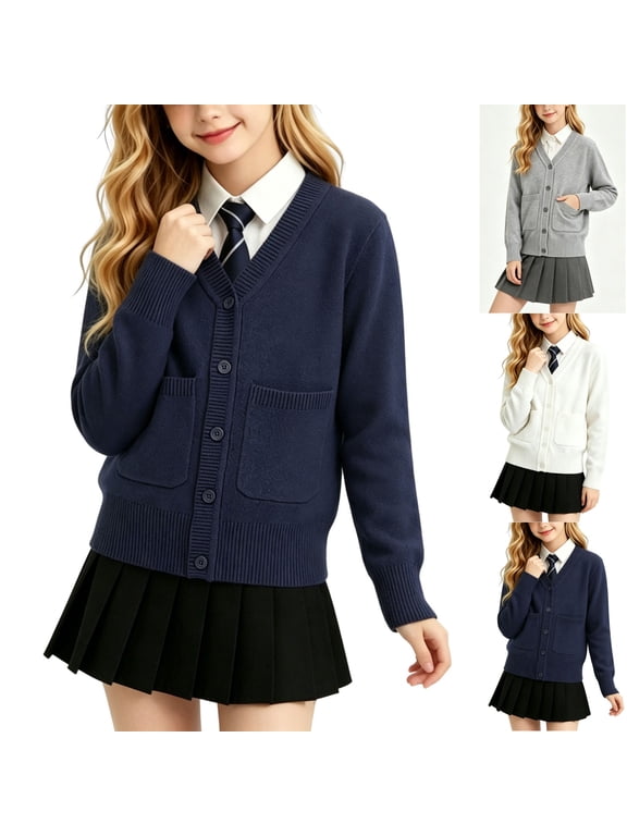 Kids Preppy Cardigan Sweater School Uniform V-neck Pockets Long Sleeve Button Open Front Knit Tops Fall Winter Outfit with Pockets Navy 3-4 Years
