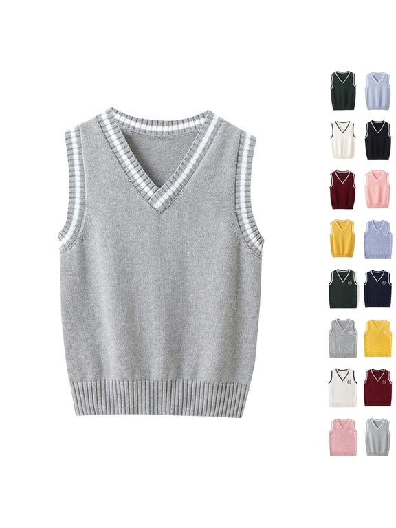 Kids Preppy Sweater Vest Sleeveless Solf Cozy Stretchy Knit Pullover Classic Layering V-neck Warm Top for Fall Winter Gray 9-10 Years