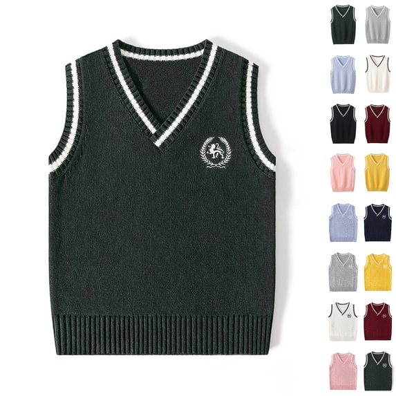 Husipze Kids Preppy Sweater Vest Sleeveless Solf Cozy Stretchy Knit Pullover Classic Layering V-neck Warm Top for Fall Winter Green 13-14 Years