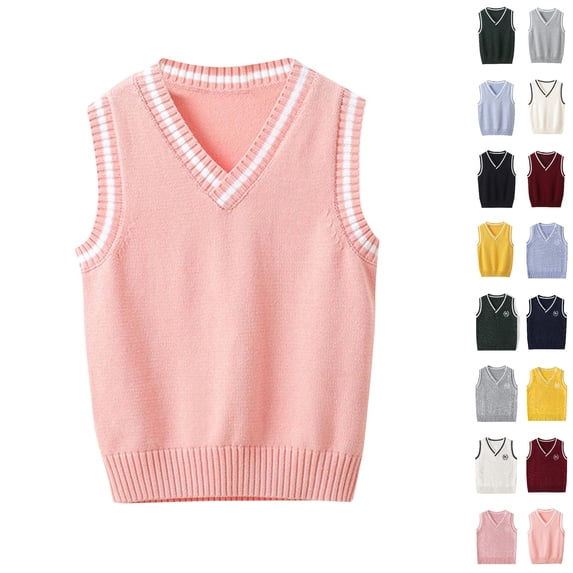 Husipze Kids Preppy Sweater Vest Sleeveless Solf Cozy Stretchy Knit Pullover Classic Layering V-neck Warm Top for Fall Winter Pink 15-16 Years