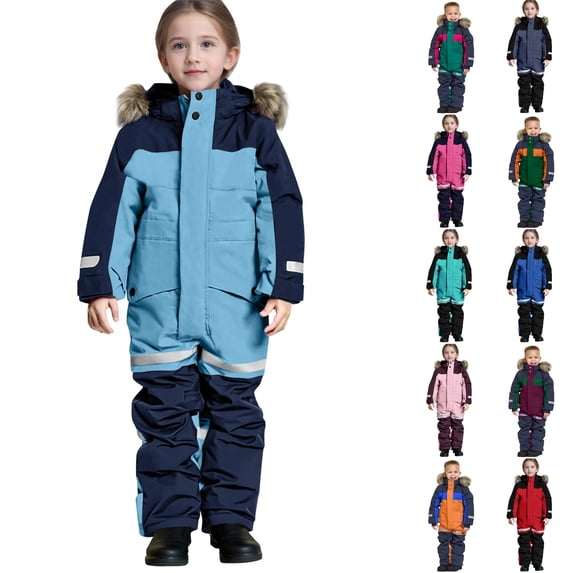 Husipze Kids Snow Jumpsuit Insulated Color Block One Piece Ski Suit for Boys Girls Waterproof Windproof Toddler Snowsuit with Reflective Strips Blue 140