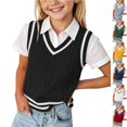 thumbnail image 1 of Husipze Kids Sweater Vest Sleeveless Versatile Cable Knit Layering Lightweight V-neck Solf Pullover with Striped Trim Black 7-8 Years, 1 of 9