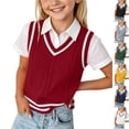thumbnail image 1 of Husipze Kids Sweater Vest Sleeveless Versatile Cable Knit Layering Lightweight V-neck Solf Pullover with Striped Trim Red 5-6 Years, 1 of 9