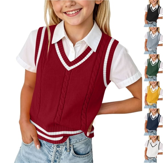 Husipze Kids Sweater Vest Sleeveless Versatile Cable Knit Layering Lightweight V-neck Solf Pullover with Striped Trim Red 5-6 Years