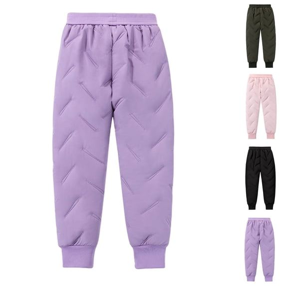 Husipze Kids Thick Winter Snow Pants Elastic Waist Ribbed Solid Pull on Insulated Warm Pants Waterproof Ankle Trousers Purple 160
