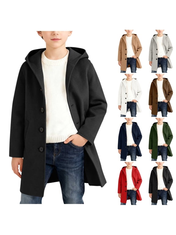 Kids Wool Blend Winter Trench Coat Single Breasted Hooded Pea Coat Long Overcoat Warm Casual Overcoat Black 14 Years