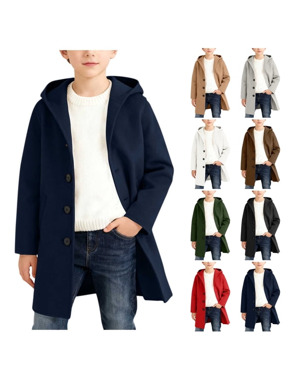 Kids Wool Blend Winter Trench Coat Single Breasted Hooded Pea Coat Long Overcoat Warm Casual Overcoat Navy 5 Years