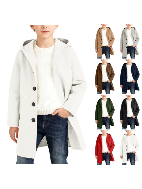 Kids Wool Blend Winter Trench Coat Single Breasted Hooded Pea Coat Long Overcoat Warm Casual Overcoat White 9 Years