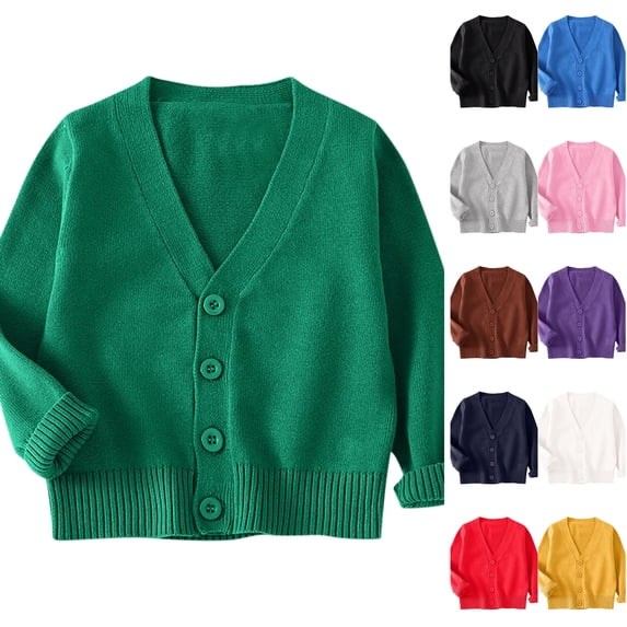 Husipze Knit Cardigan Sweater for Girl Boy Button down Open Front Warm Cozy Lightweight V-neck Casual oft Comfortable Outerwear Tops Green 4-5 Years