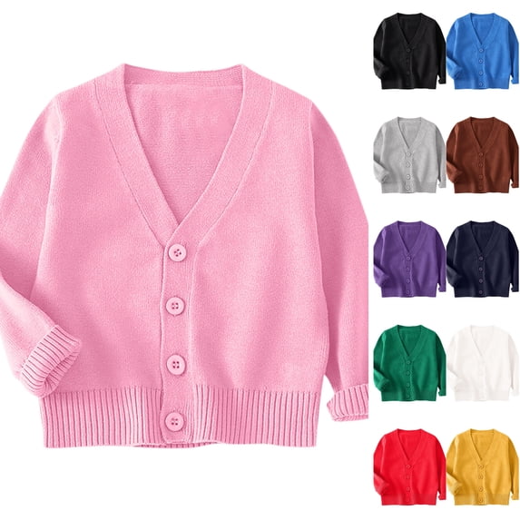 Husipze Knit Cardigan Sweater for Girl Boy Button down Open Front Warm Cozy Lightweight V-neck Casual oft Comfortable Outerwear Tops Pink 5-6 Years