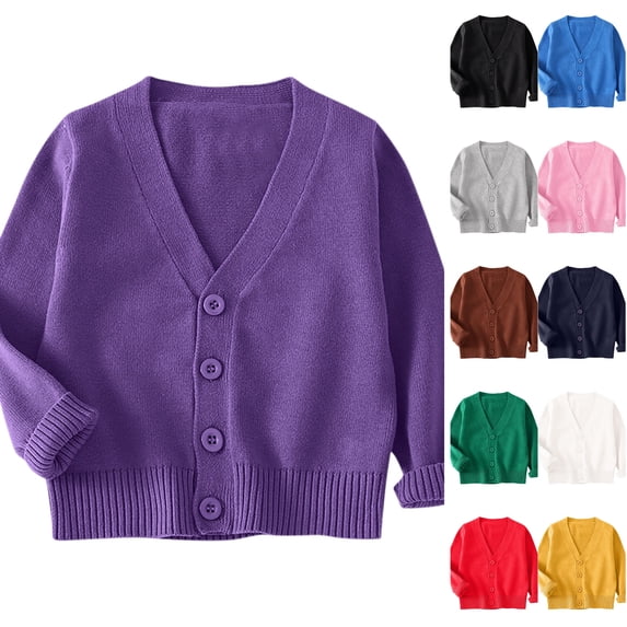 Husipze Knit Cardigan Sweater for Girl Boy Button down Open Front Warm Cozy Lightweight V-neck Casual oft Comfortable Outerwear Tops Purple 7-8 Years