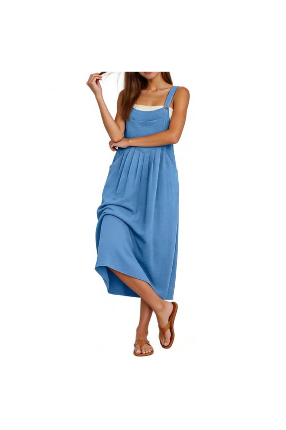 Maxi Dresses for Women Sleeveless A Line Loose Overall Jumper Dress Button Strap Casual Summer Dress with Pockets Blue S