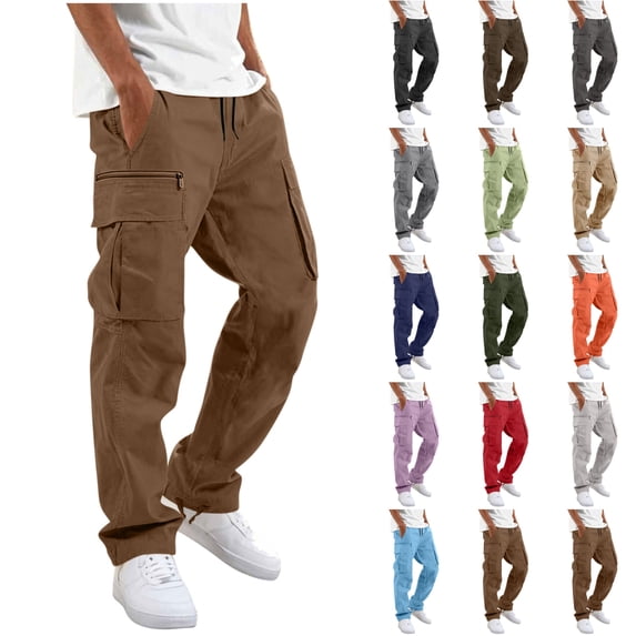 Husipze Men's Cargo Pants Elastic Drawstring Waist Straight Leg Adjustable Cuffs Work Trousers Casual Outdoor Pants with Zip Pockets Coffee L