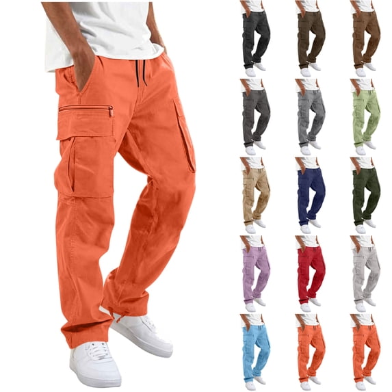 Husipze Men's Cargo Pants Elastic Drawstring Waist Straight Leg Adjustable Cuffs Work Trousers Casual Outdoor Pants with Zip Pockets Orange XL