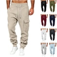 thumbnail image 1 of Husipze Men's Fleece Cargo Sweatpants Tapered Drawstring Elastic Waist Baggy Relaxed Fit Casual Joggers with Flap Pockets Beige S, 1 of 5
