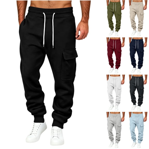 Husipze Men's Fleece Cargo Sweatpants Tapered Drawstring Elastic Waist Baggy Relaxed Fit Casual Joggers with Flap Pockets Black S