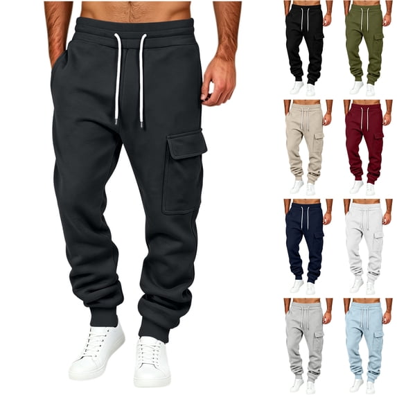 Husipze Men's Fleece Cargo Sweatpants Tapered Drawstring Elastic Waist Baggy Relaxed Fit Casual Joggers with Flap Pockets Dark Gray 2XL