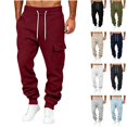 thumbnail image 1 of Husipze Men's Fleece Cargo Sweatpants Tapered Drawstring Elastic Waist Baggy Relaxed Fit Casual Joggers with Flap Pockets Wine 2XL, 1 of 5