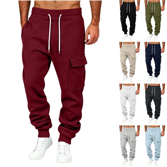Husipze Men's Fleece Cargo Sweatpants Tapered Drawstring Elastic Waist Baggy Relaxed Fit Casual Joggers with Flap Pockets Wine 2XL
