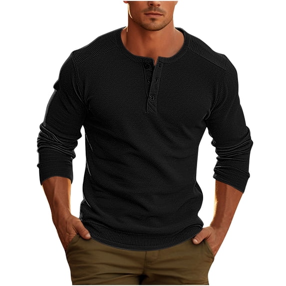 Husipze Men's Henley Shirts 3/4 Sleeve Button Crew Neck Slim Fit Casual Tees Soft Lightweight Basic Tops Black XXL