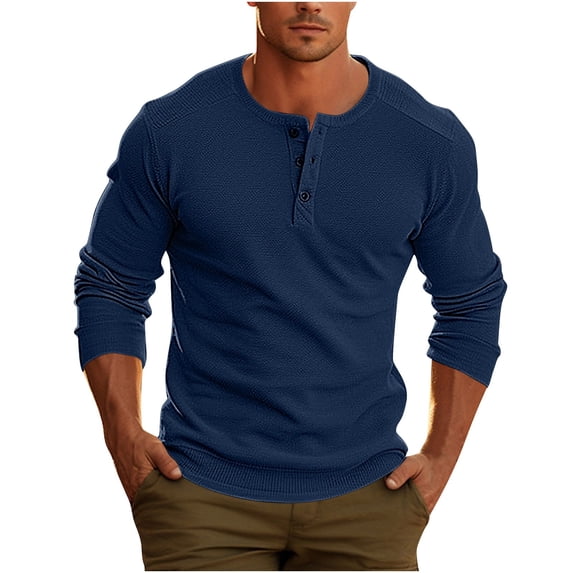 Husipze Men's Henley Shirts 3/4 Sleeve Button Crew Neck Slim Fit Casual Tees Soft Lightweight Basic Tops Dark Blue L