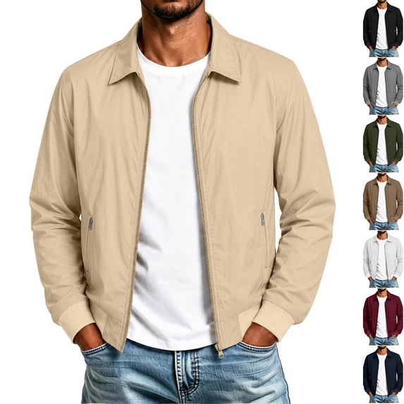 Husipze Men's Lightweight Jacket Full Zip Up Work Jackets Turndown Collar Business Casual Windbreaker Outerwear with Pockets Beige S