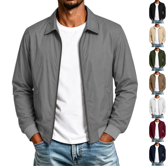Husipze Men's Lightweight Jacket Full Zip Up Work Jackets Turndown Collar Business Casual Windbreaker Outerwear with Pockets Gray L