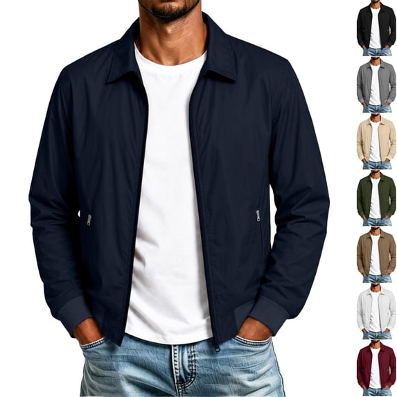 Husipze Men's Lightweight Jacket Full Zip Up Work Jackets Turndown Collar Business Casual Windbreaker Outerwear with Pockets Navy S