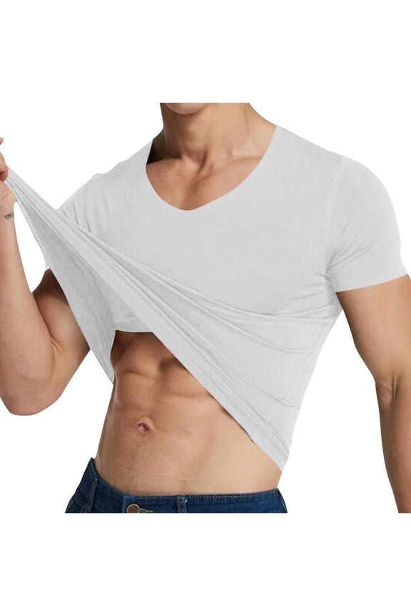 Men's Short Sleeve Compression T-Shirts Breathable Lightweight Casual Basic T Shirts Crew Neck Fitted Workout Tees White L