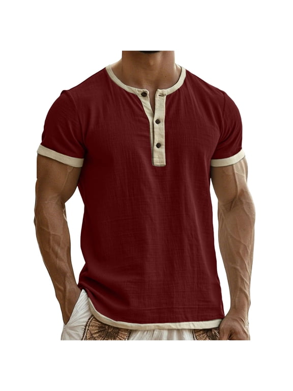 Men's Short Sleeve Henley Shirts Casual Button Up Cotton Linen Basic Tees Summer Breathable Lightweight Tops Wine L