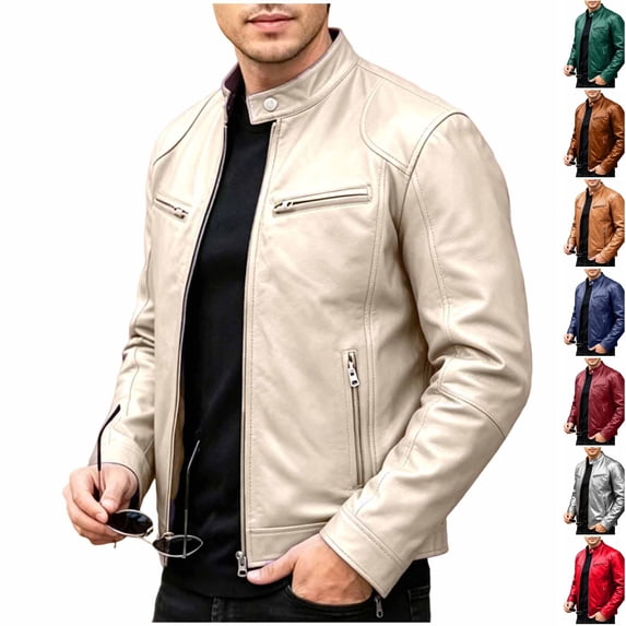 Husipze Men's Stand Collar Pu Leather Jacket Motorcycle Lightweight Faux Leather Outwear Zip Up Slim Fit Coat with Pockets Beige XL