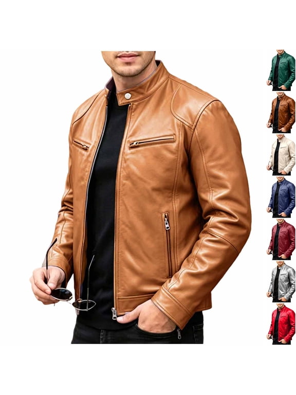 Men's Stand Collar Pu Leather Jacket Motorcycle Lightweight Faux Leather Outwear Zip Up Slim Fit Coat with Pockets Khaki 5XL
