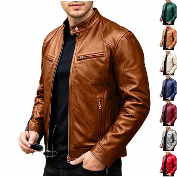 Husipze Men's Stand Collar Pu Leather Jacket Motorcycle Lightweight Faux Leather Outwear Zip Up Slim Fit Coat with Pockets Orange S