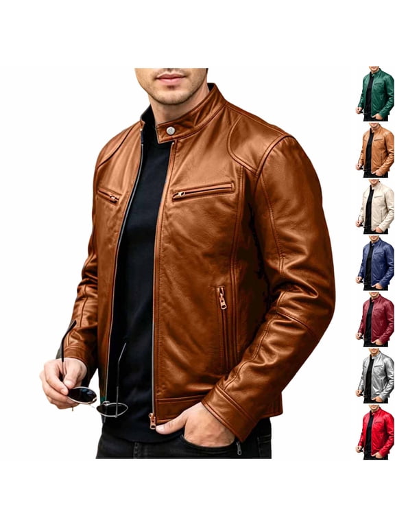 Men's Stand Collar Pu Leather Jacket Motorcycle Lightweight Faux Leather Outwear Zip Up Slim Fit Coat with Pockets Orange S