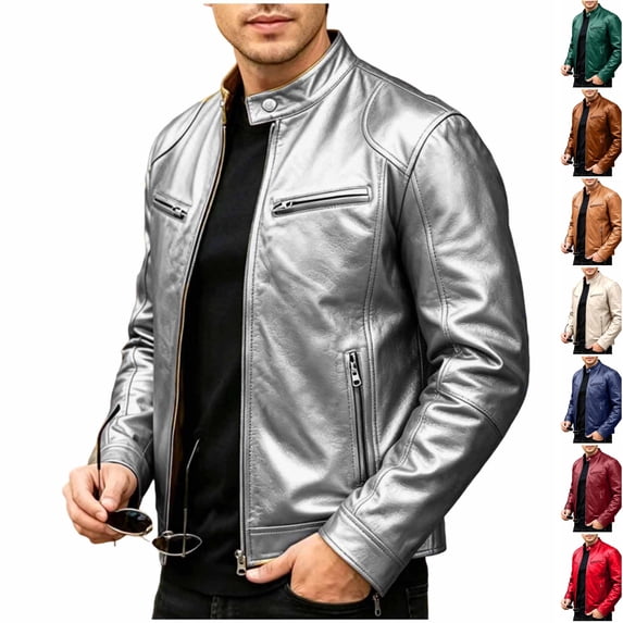 Husipze Men's Stand Collar Pu Leather Jacket Motorcycle Lightweight Faux Leather Outwear Zip Up Slim Fit Coat with Pockets Silver 3XL