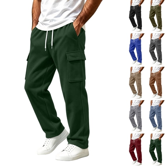 Husipze Mens Cargo Sweatpants Straight Leg Fleece Joggers Pants Elastic Drawstring Casual Loose Work Pants with Multiple Pockets Green 3XL