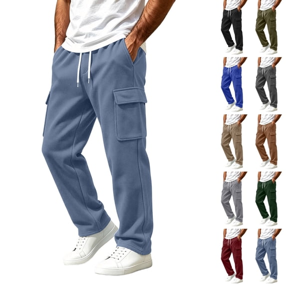 Husipze Mens Cargo Sweatpants Straight Leg Fleece Joggers Pants Elastic Drawstring Casual Loose Work Pants with Multiple Pockets Navy S