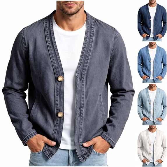 Husipze Mens Denim Jean Shirt V Neck Button Front Long Sleeve Casual Collarless Denim Jacket with Side Pockets Black S